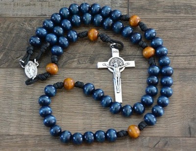 Handmade Catholic Paracord Rosary with St Benedict Crucifix, BLUE color
