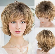Short Fluffy Wavy Rooted Blonde Mix Synthetic Hair Wigs Women Soft Natural Daily