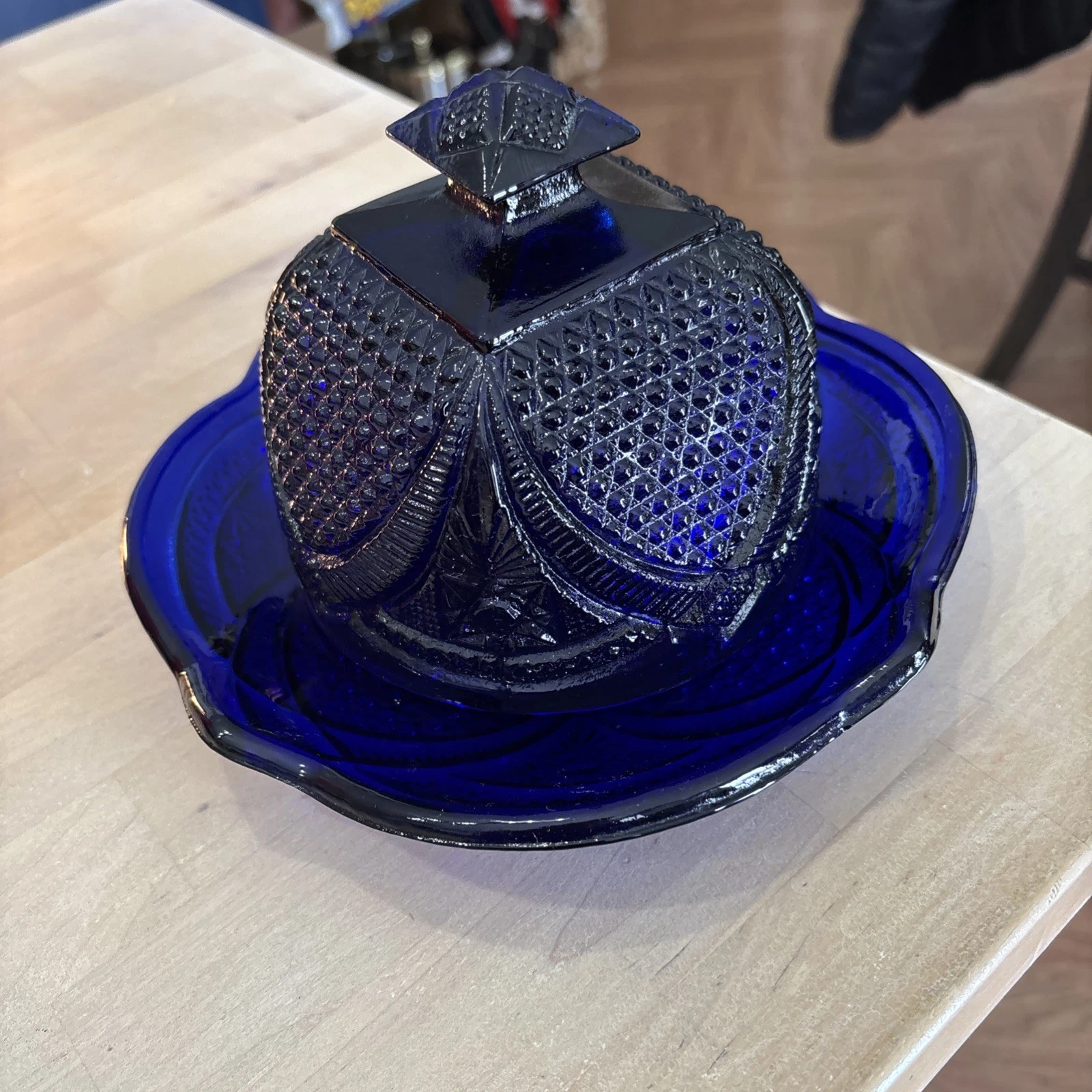 Vintage Colbalt Blue Pressed Glass Butter or Cheese Dish with Domed lid. 1930