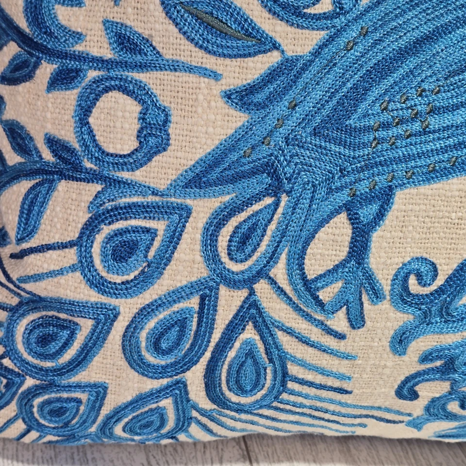 Pavone Velvet Luxe Decorative Pillow Peacock Blue European Embroidered 14x20 NEW - Image 2 of 4