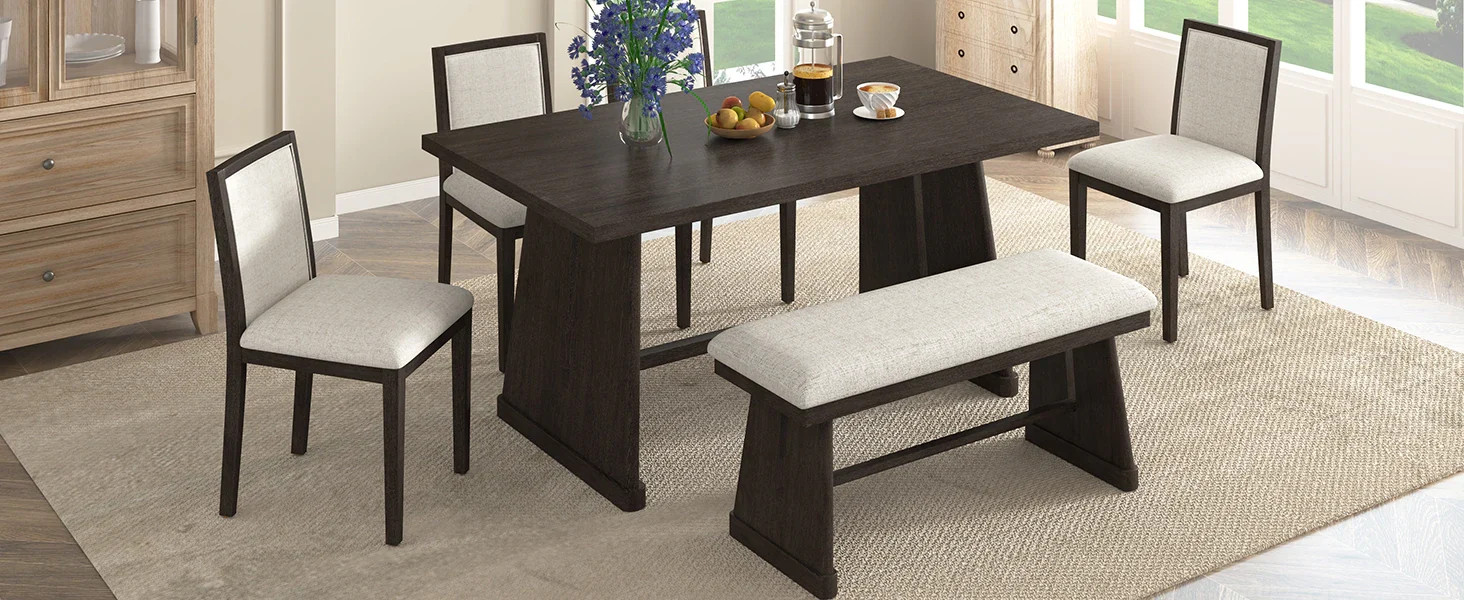 TREXM 6-Piece Rustic Farmhouse Dining Table Set with Wire Brushed Design, Rectangular Dining Table with Trapezoid Legs, 4 Upholstered Linen Chairs & 1 Padded Bench for Dining Room & Kitchen (Espresso)