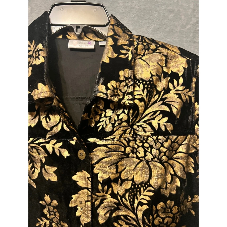 Camisa Erin London 1X Negra Dorada Terciopelo Burnout Botón Top Floral Metálica 18 20 Foto 2 de 4