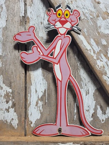 VINTAGE PINK PANTHER PORCELAIN SIGN OLD CARTOON CHARACTER DIECUT 13"