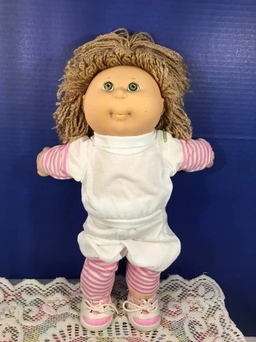 Vintage 1991 Cabbage Patch Kids Doll Green Eyes Brown Hair Pink Striped Outfit