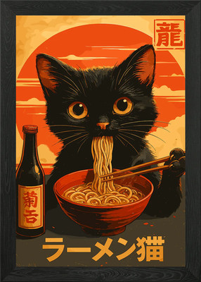 Katze frisst Ramen Nudel Illustration Gerahmtes Wandbild Poster Leinwanddruck Bild