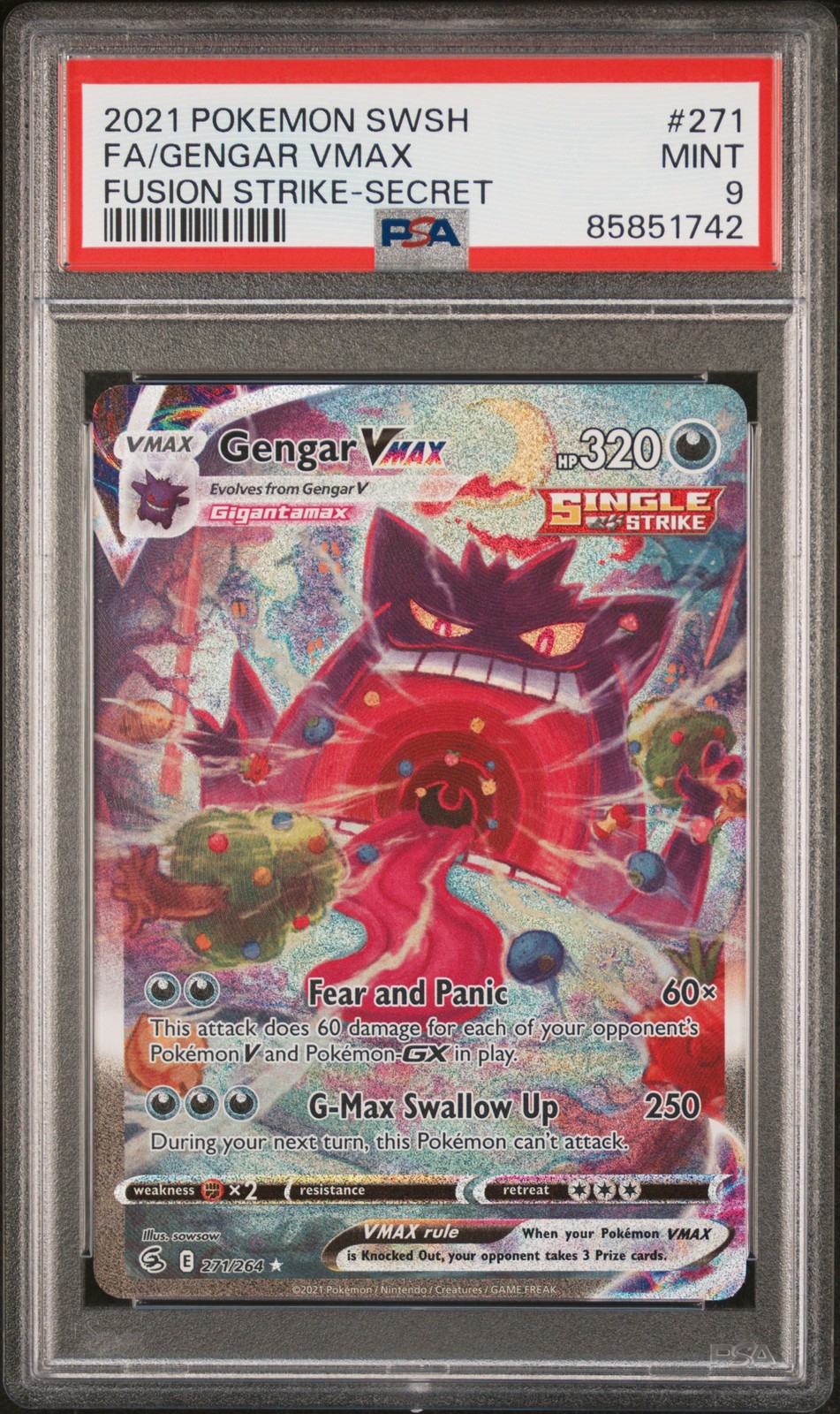 2021 POKEMON SWORD & SHIELD FUSION STRIKE SECRET #271 FULL ART/GENGAR VMAX PSA 9
