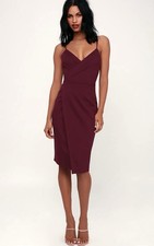 NWT Lulus Have You Heard Faux Dress Womens Wrap Plum Midi Bodycon Surplice M