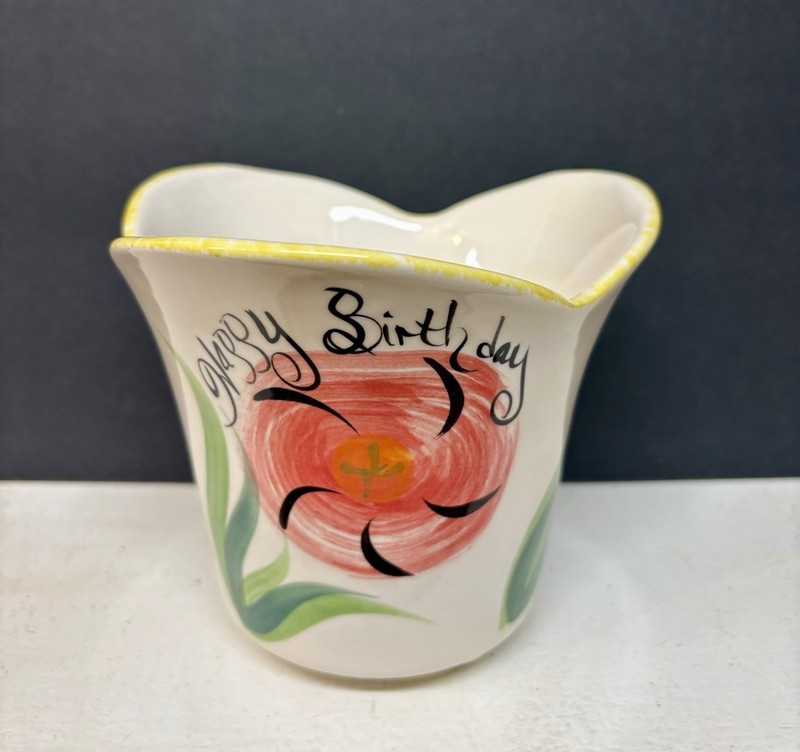 Signed Gail Pittman Pottery “Happy Birthday”Floral Footed Planter 5” Pottery USA