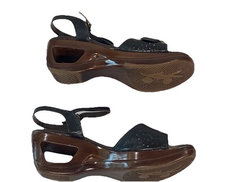 Vintage 70s Sandals Connie YoYos Cutout Hippie Wedge Heel Black Leather 7 2.25” - Picture 6 of 9