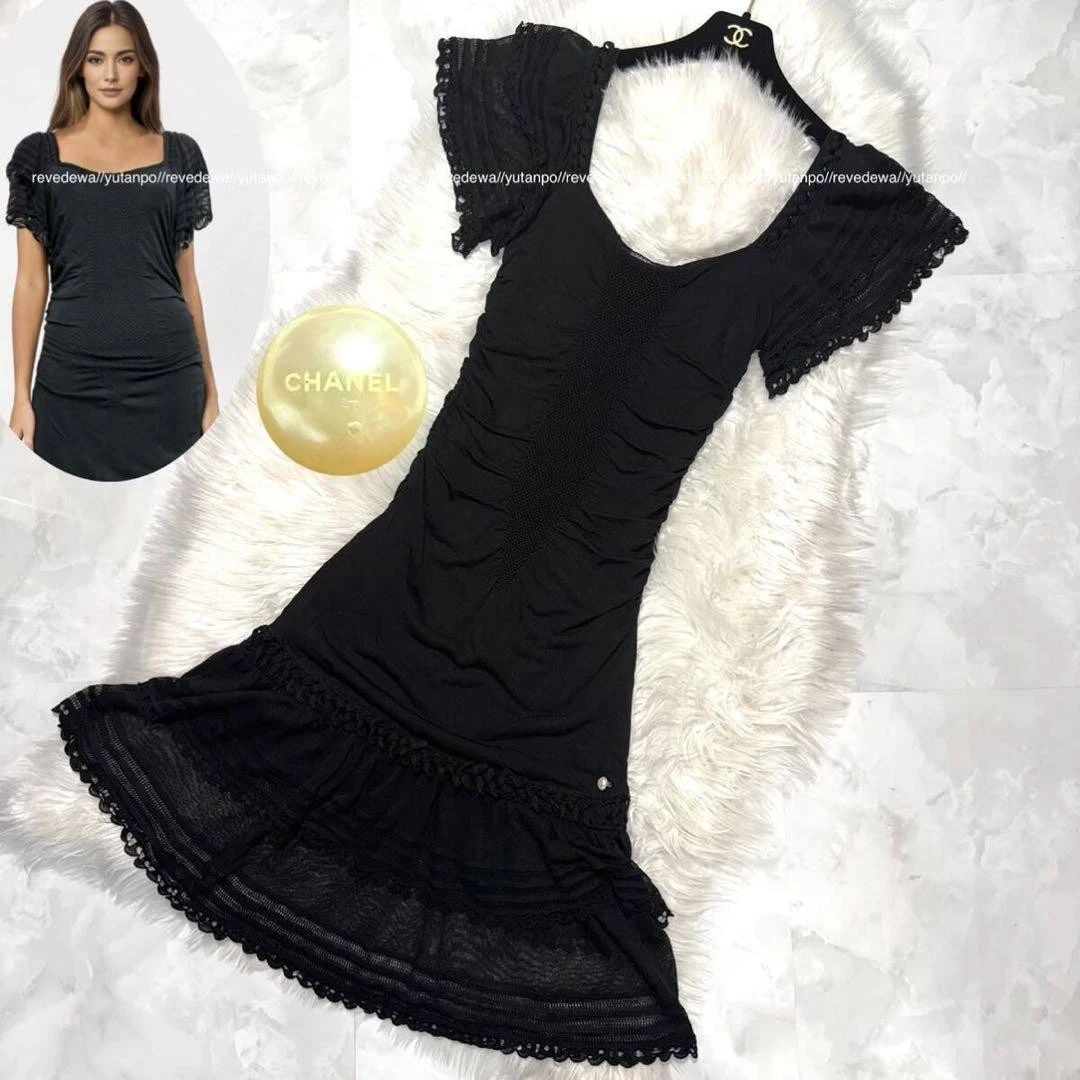 Chanel — CHANEL Black Frill Lace Stretch Dress Short Sleeve Size 38 SR2049