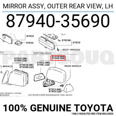 8794035690 Genuine Toyota MIRROR ASSY, OUTER REAR VIEW, LH 87940 