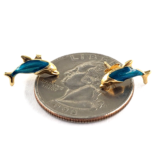 10K Yellow Gold Stud Earrings Tiny Dolphin Ladys Girls Fish Whale Flipper Ocean - Picture 7 of 7