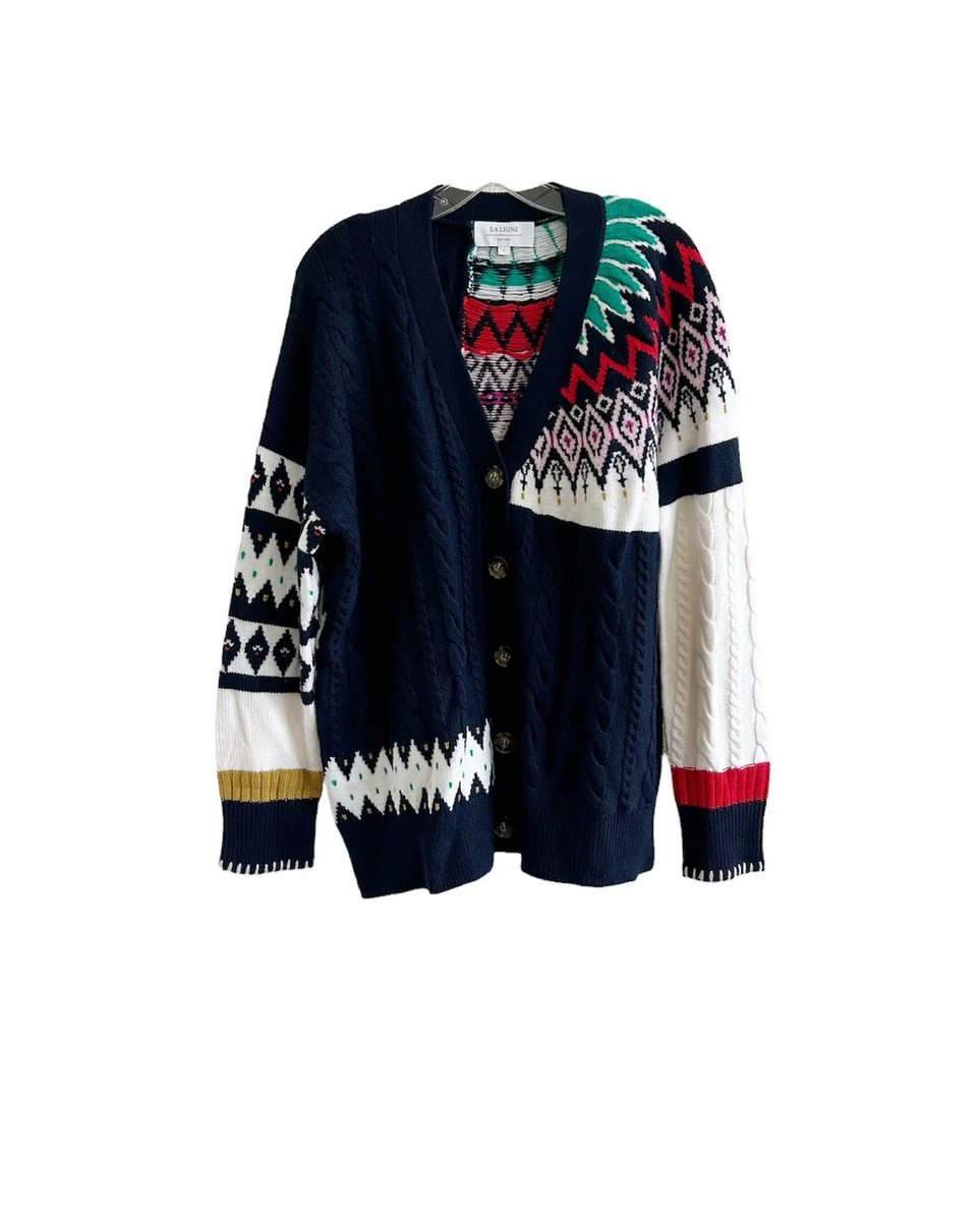 La Ligne Patchwork Fair Isle Cable Knit Wool Cardigan Size Large