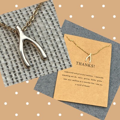 Thanks! Wishbone Pendant Necklace Gold Chain Merci Gracias Danke Grazie