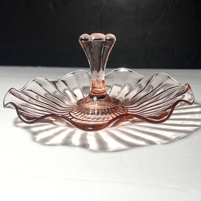 Hocking Pink Depression Glass Candy Dish Panel Optic Handle & Fluted Edge Glows