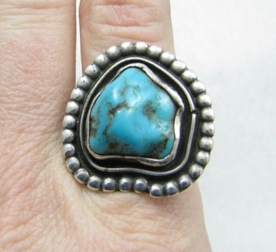 Big Vintage Navajo Signed Broken Arrow Turquoise Sterling Silver Ring Sz 12.25