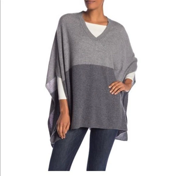 Halogen 100% Cashmere Women's One Size Poncho Sweater Gray Block Color
