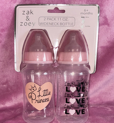 Zak & Zoey 2 Pack 11oz Wide Neck Baby Bottles Little Princess BPA-Free 6+ Months