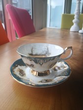 VINTAGE ELIZABETHAN STAFFORDSHIRE SALMON FISHING BONE CHINA TEACUP & SAUCER