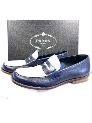 Prada 2DA061 Saffiano Cuir Penny Loafers Baltico Talco Size 8 Made in Italy