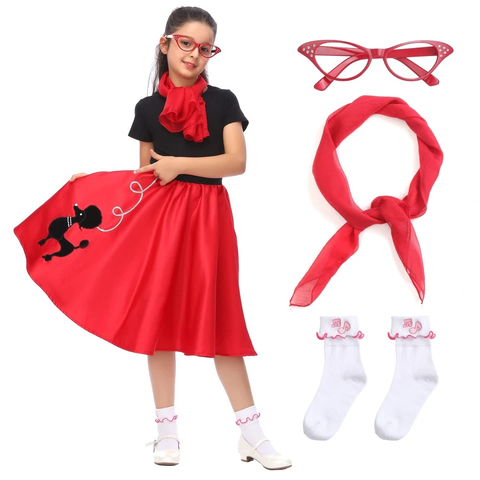 50s Poodle Skirt Sock Hop Costume Set for Girls with Scarf Glasses Socks - Image 3 of 4