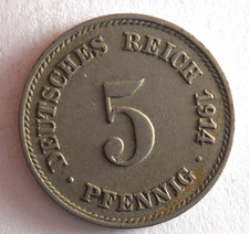 1914 F GERMAN EMPIRE 5 PFENNIG - Excellent Coin - FREE SHIP - Germany Bin #16