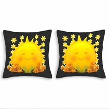 Whimsical Sun & Flower Throw Pillow Covers-Set of 2 18x18in Bright Yellow Design