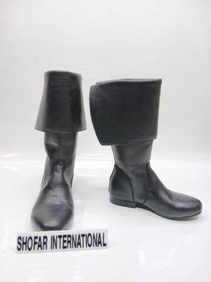 Black Leather Pirate Costume Boots Zipper Fold Over Top Medieval Cosplay Fashion