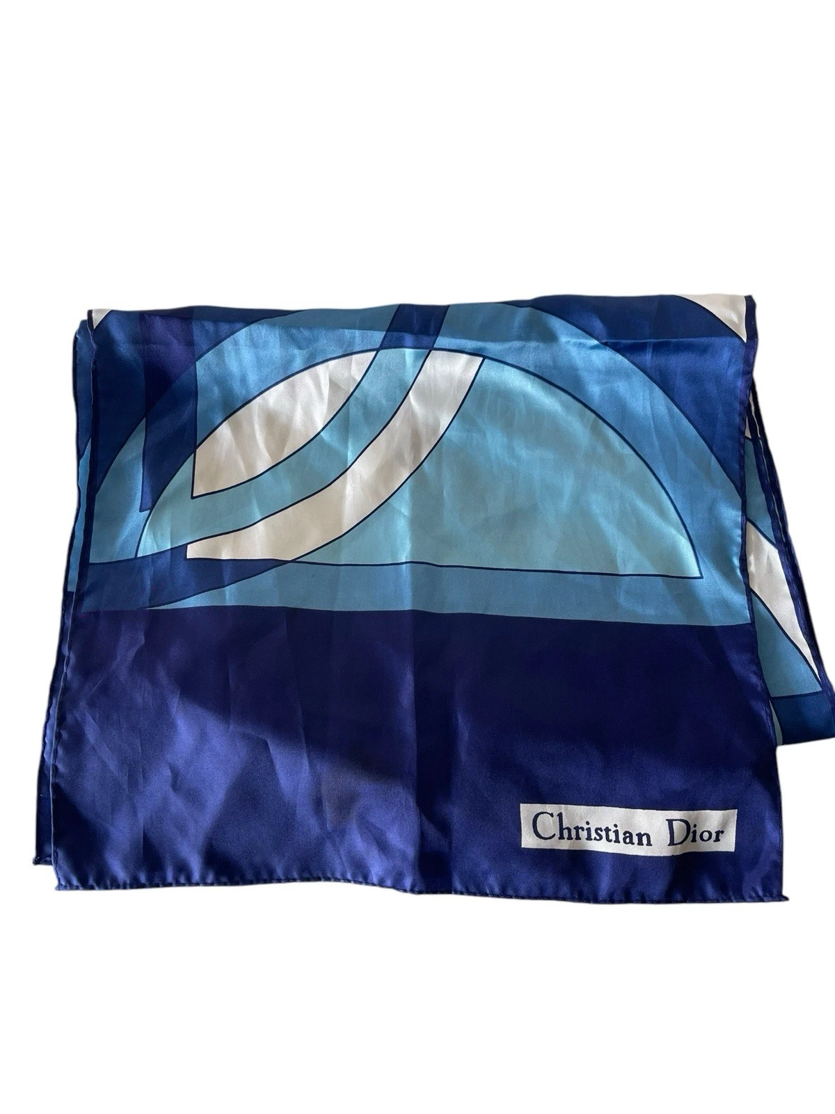Foulard vintage Christian Dior satin créateur bleu blanc géométrique art 43