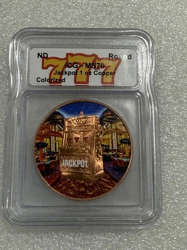 2025 ICG MS70 1OZ .999 COPPER COLORIZED *LAS VEGAS 777* "JACKPOT" ROUND  ND