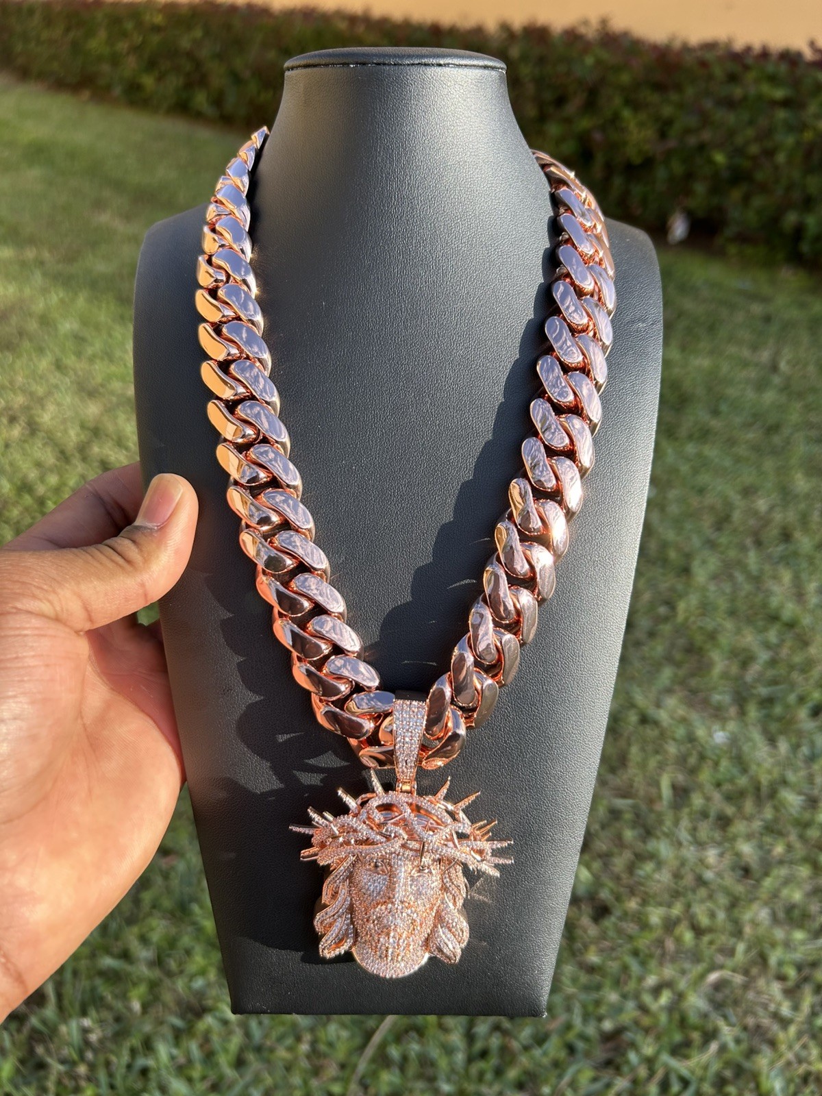 20mm Rose Gold Plated Miami Cuban Link  & Jesus Thorn Crown Pendant 2 Piece