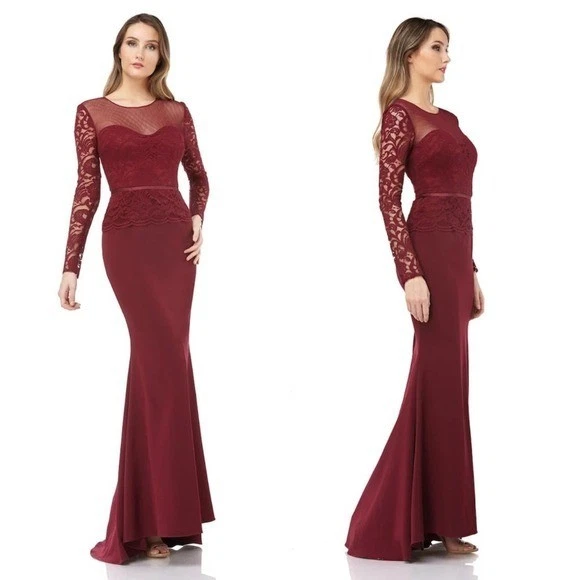 Burgundy Long Mermaid Dress Women 4 SMALL Lace Gown Wedding JS COLLECTIONS New - Image 4 of 4