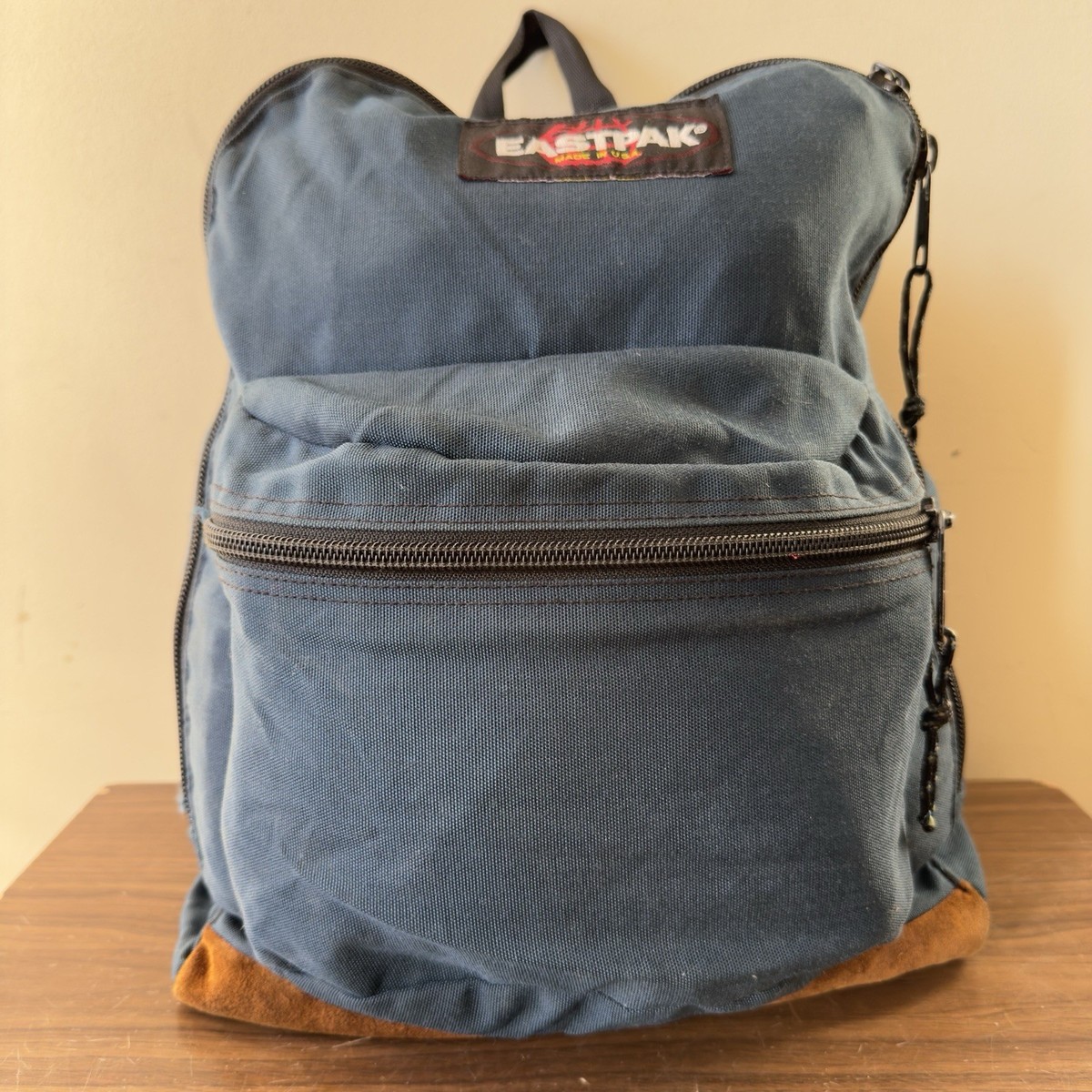 Vintage Eastpak Backpack Blue Leather Bottom Day Pack Zippered USA