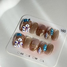 Blue Flower Handmade Press-On Nails Short Oval Size M Glossy Floral Reusable 160