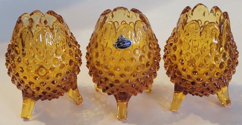 THREE Vintage Fenton Amber Hobnail Glass 3 Footed Egg Vases