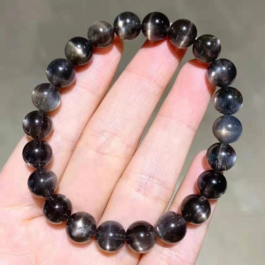  Pulsera de cuentas de cristal de piedra solar negra natural genuina AAAA 8 mm Foto 2 de 4