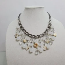 Mother of Pearl Charm Necklace Dangle Beaded silver Tone Statement Big Chunky