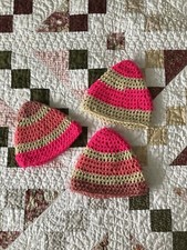 Baby Girl Handmade Crochet Hats / Caps / Toboggans Pink Stripes Set Of 3 New