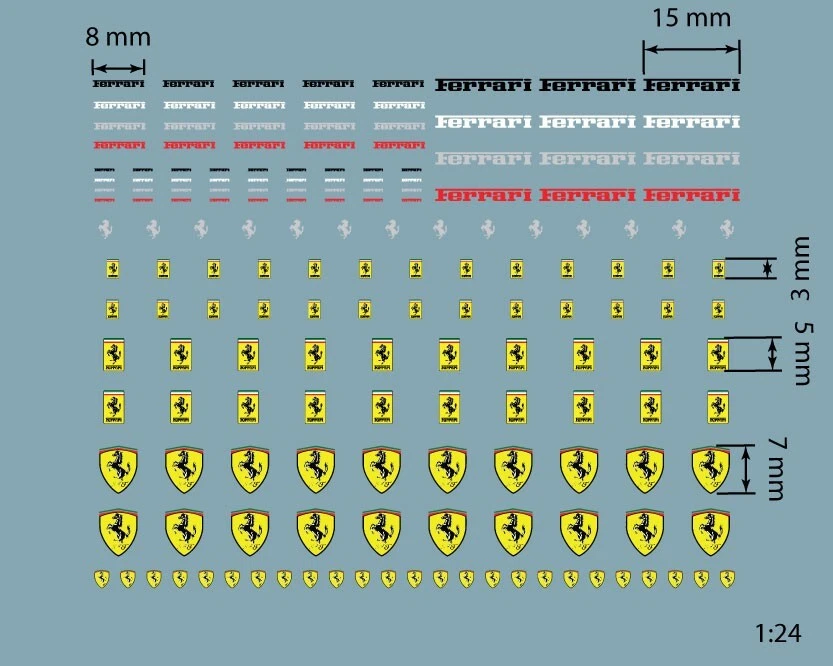 Planche logo voiture italienne , décalcomanie à l'eau, 1:64 au 1:18, Ferrari