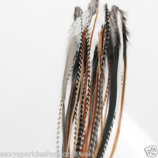 25 NATURAL LONG MIX WHITING GRIZZLY SADDLE FEATHER HAIR EXTENSIONs