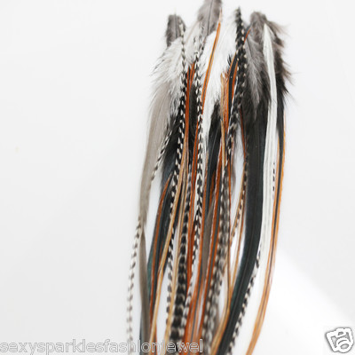 #ad 25 NATURAL LONG MIX WHITING GRIZZLY SADDLE FEATHER HAIR EXTENSIONs $24.95