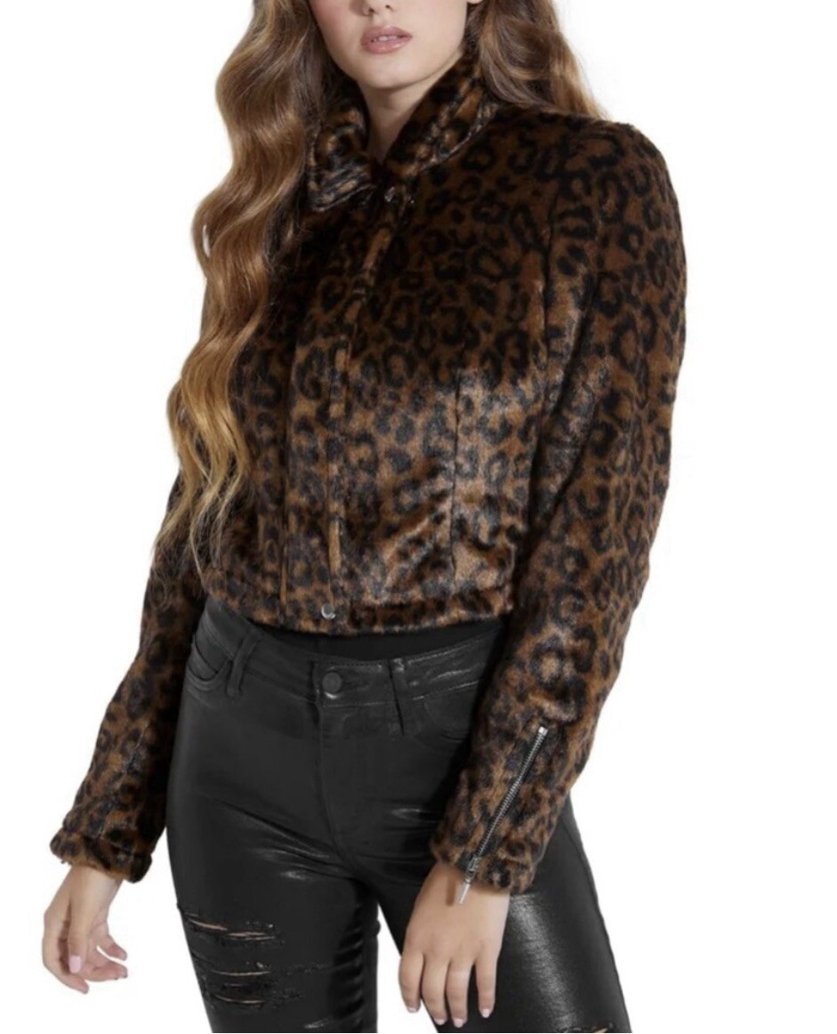 PONY Giacca donna Guess Meow pelliccia sintetica capelli di cavallo zip media M nuova stampa leopardata nuova con etichetta