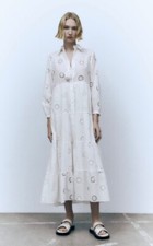ZARA White Cutwork Embroidered Dress Medium M Shirt Ruffle MEASURMENTS ⬇️