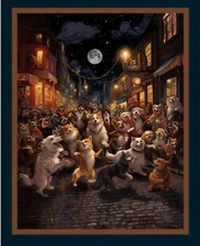 Dogs Dancing in the Street Full Moon Quilt Top Wall Hanging Panel Fabric