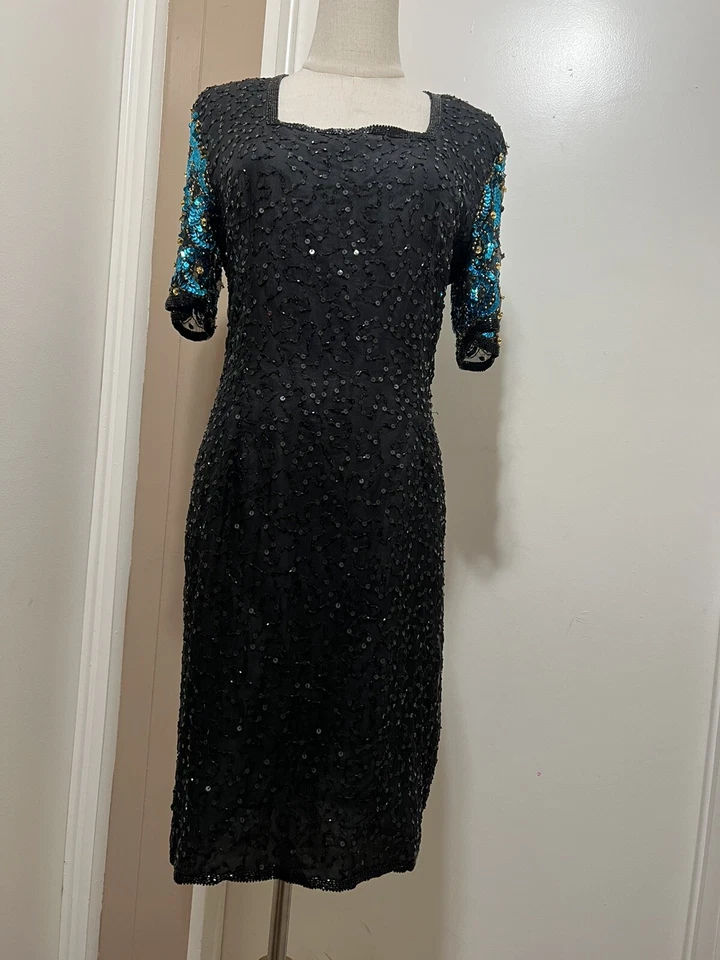 VINTAGE STENAY WOMEN'S BLACK BLUE SHORT SLEEVE SILK SEQUINS SHEATH DRESS 6 - Image 2 of 4