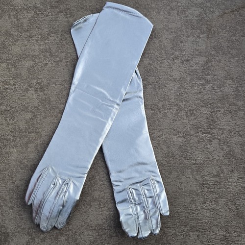 Vintage Silver Opera Length Gloves Metallic 15" 1960s New In Package NOS - Picture 1 of 14