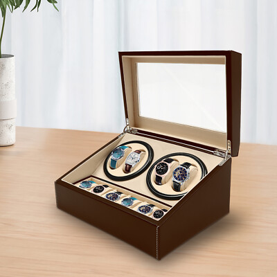 4+6 Automatic Rotation Leather Wood Watch Winder Storage Box Display Case