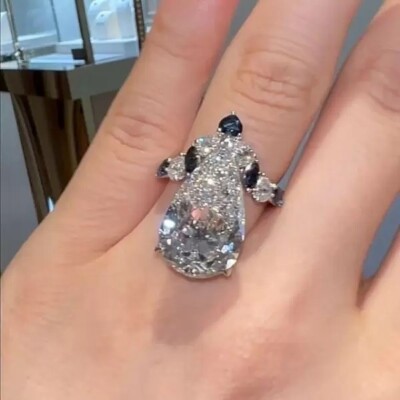6 ctw Lab Created Pear Cut Diamond & Black Engagement Ring 14k White Gold Plated