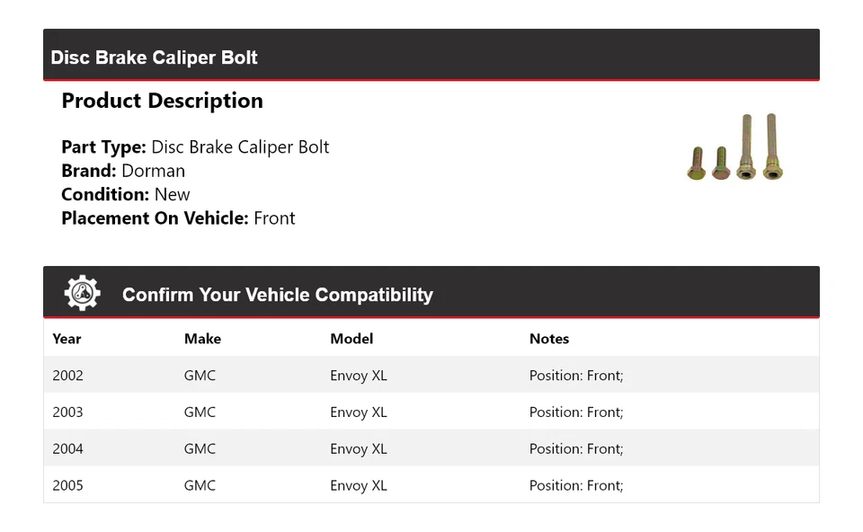 Передний болт суппорта дискового тормоза для 2002-2005 GMC Envoy XL Dorman 2003 2004 - Изображение 2 из 4