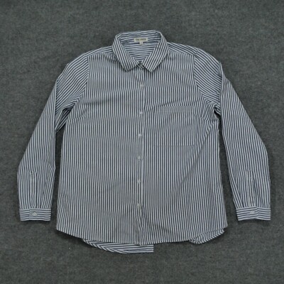 Rag Poets Shirt Women Medium Blue White Striped Button Up Back Dress Long Sleeve
